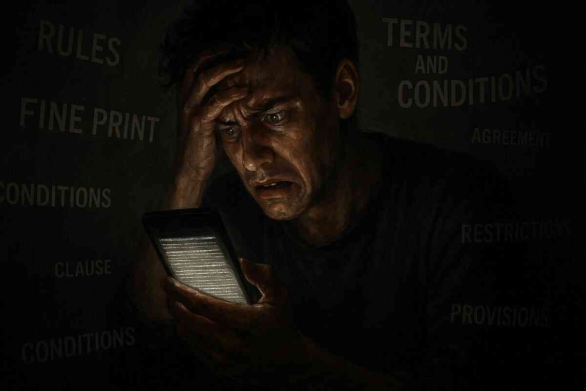 Frustrated man overwhelmed by glowing smartphone fine print—emotional stress, suffocating terms and conditions, hidden rules crushing the buyer