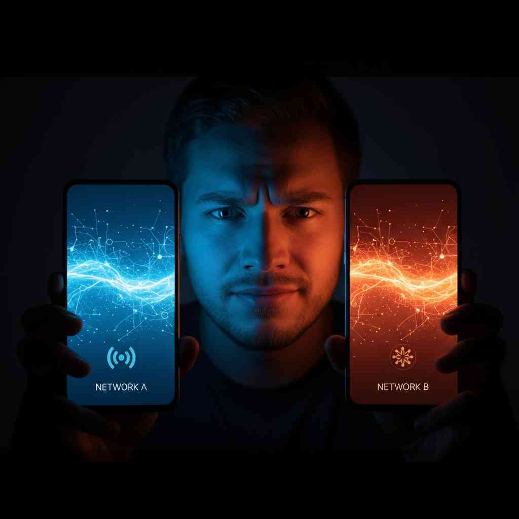 Determined man holding two glowing phones side by side—network A vs network B, emotional contrast, fiery red vs icy blue, critical choice moment