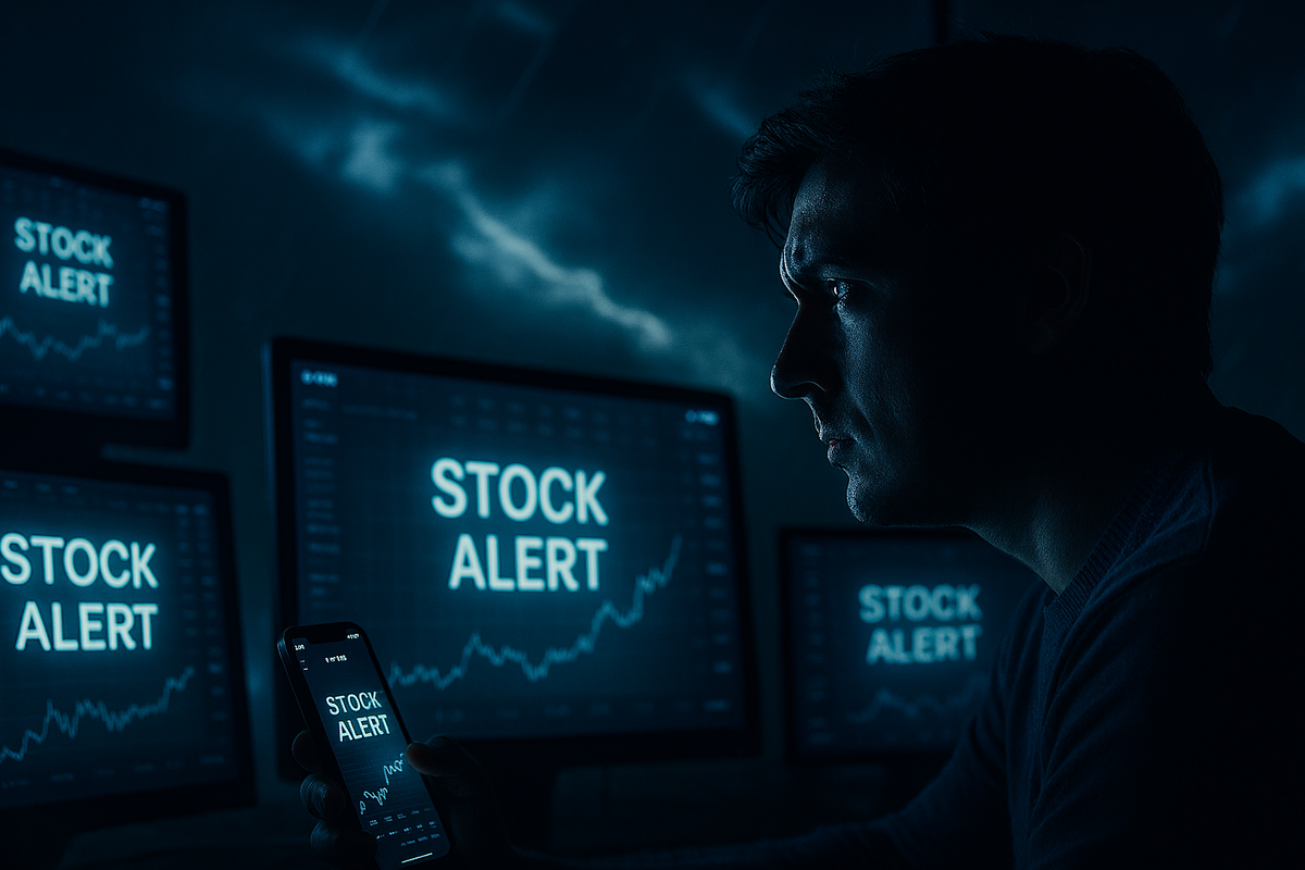 Focused man in dark room surrounded by glowing stock alert screens—emotional determination, tense surveillance, digital battlefield vibes