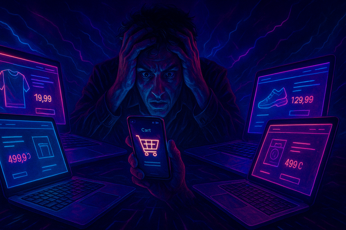 Frustrated shopper holding phone with neon cart icon, surrounded by multiple screens—chaotic online buying pressure, despair, digital storm energy
