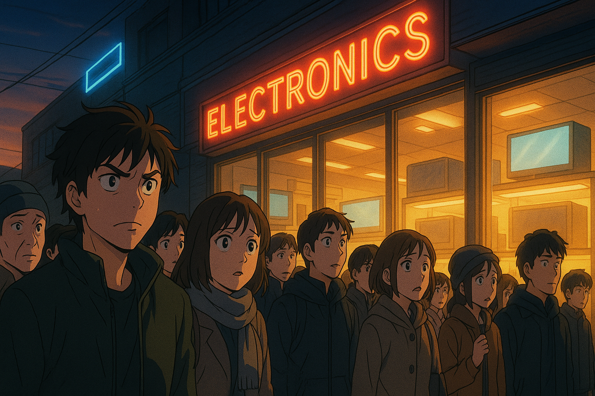 Crowd of anxious buyers outside glowing electronics store at dusk—anticipation, restless eyes, collective suspense before secret restock reveal
