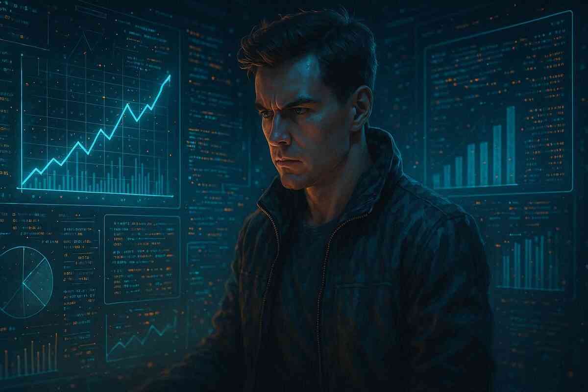 Focused analyst in dark room with glowing charts—intense data-driven hunt, sharp eyes decoding hidden stock patterns, electrified urgency