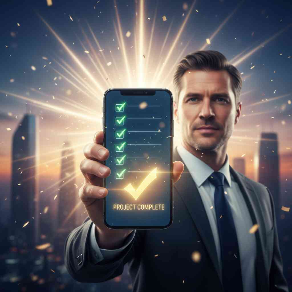 Triumphant man holding glowing smartphone checklist with victory aura—project complete, golden confidence, euphoric breakthrough in buying battle