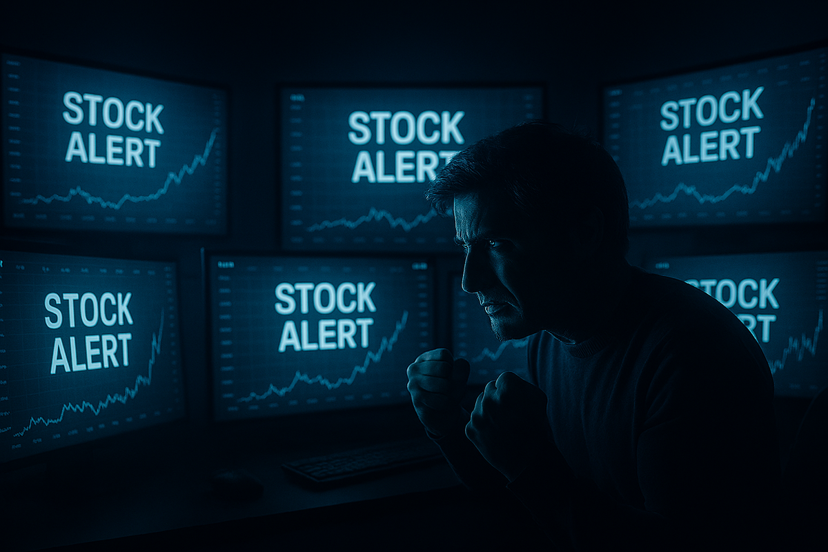 Determined buyer in front of multiple stock alert screens—fists clenched, fiery eyes, raw adrenaline of chasing the last unit in digital warfare