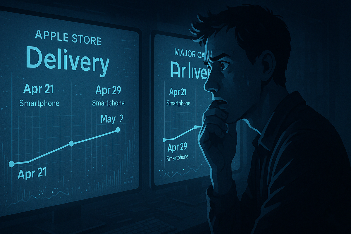 Worried buyer staring at dual glowing monitors, Apple Store vs carrier delivery timelines—anxious waiting, delayed shipping, tense anticipation for smartphone stock