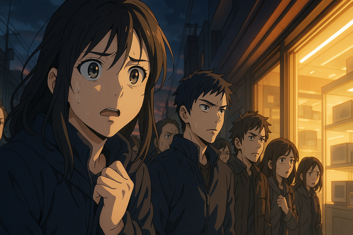 Anime-style crowd sweating in line outside glowing electronics shop at dusk—nervous tension, fragile hope, emotional rush of rare iPhone stock drop