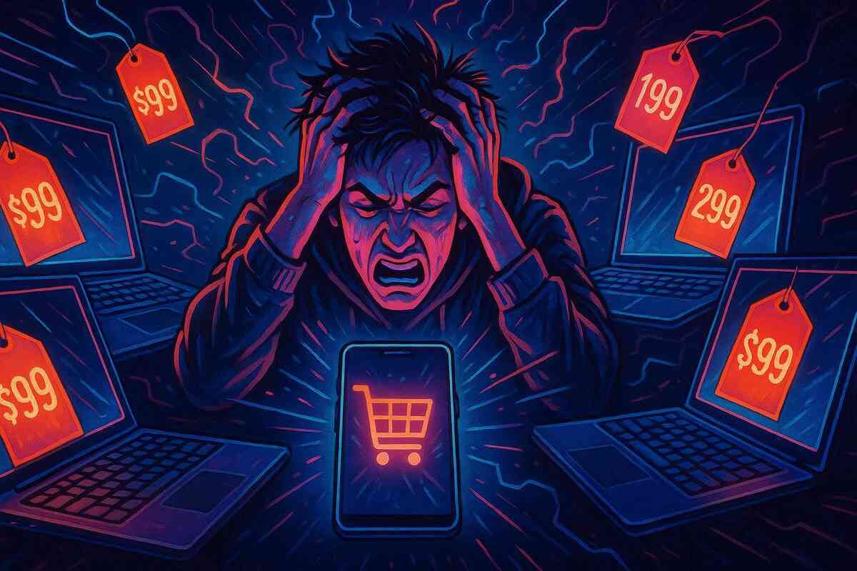 Frustrated shopper screaming with glowing red price tags swirling around—chaotic online deals, emotional overload, burning intensity of smartphone price wars