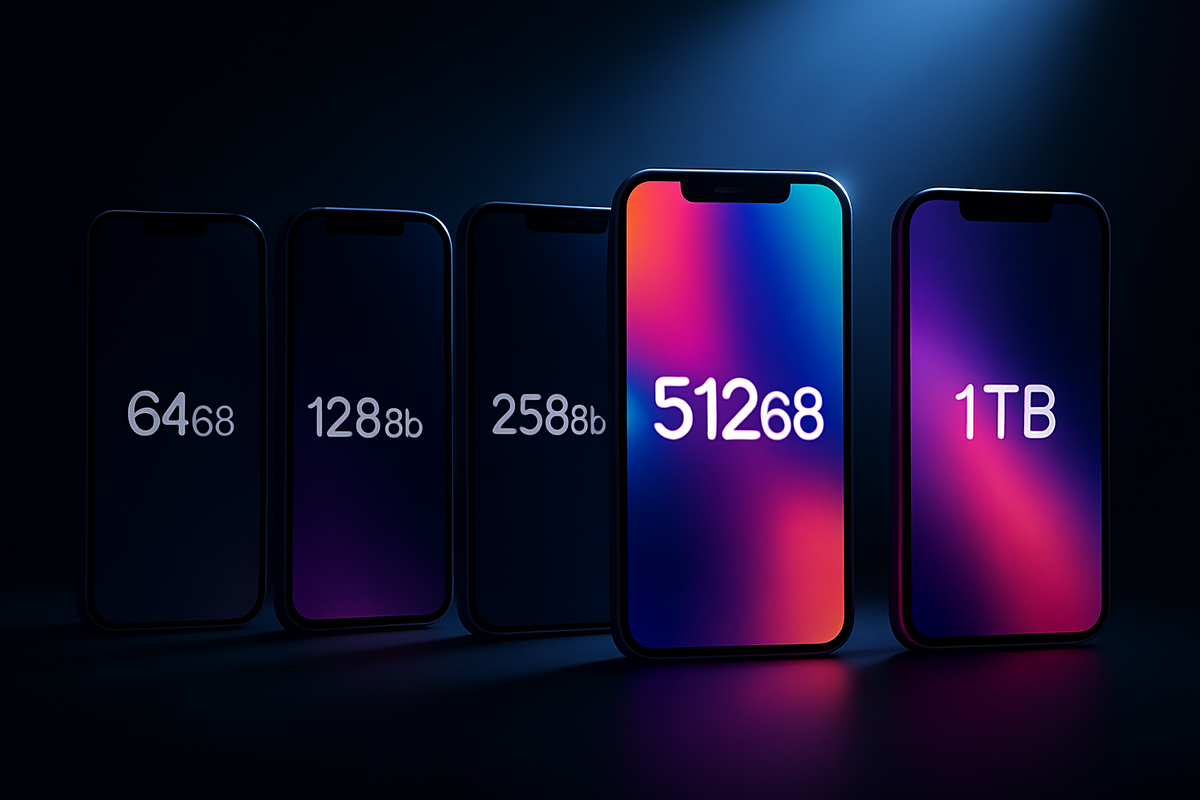 Row of glowing futuristic smartphones with storage sizes from 64GB to 1TB—bright neon clarity, decisive choice, thrilling anticipation of capacity upgrade