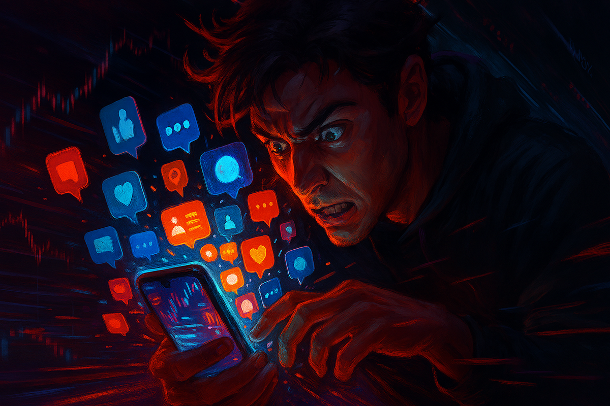Angry man gripping phone as glowing social media icons burst out—emotional frenzy, breaking news urgency, raw intensity of stock alerts flooding timeline