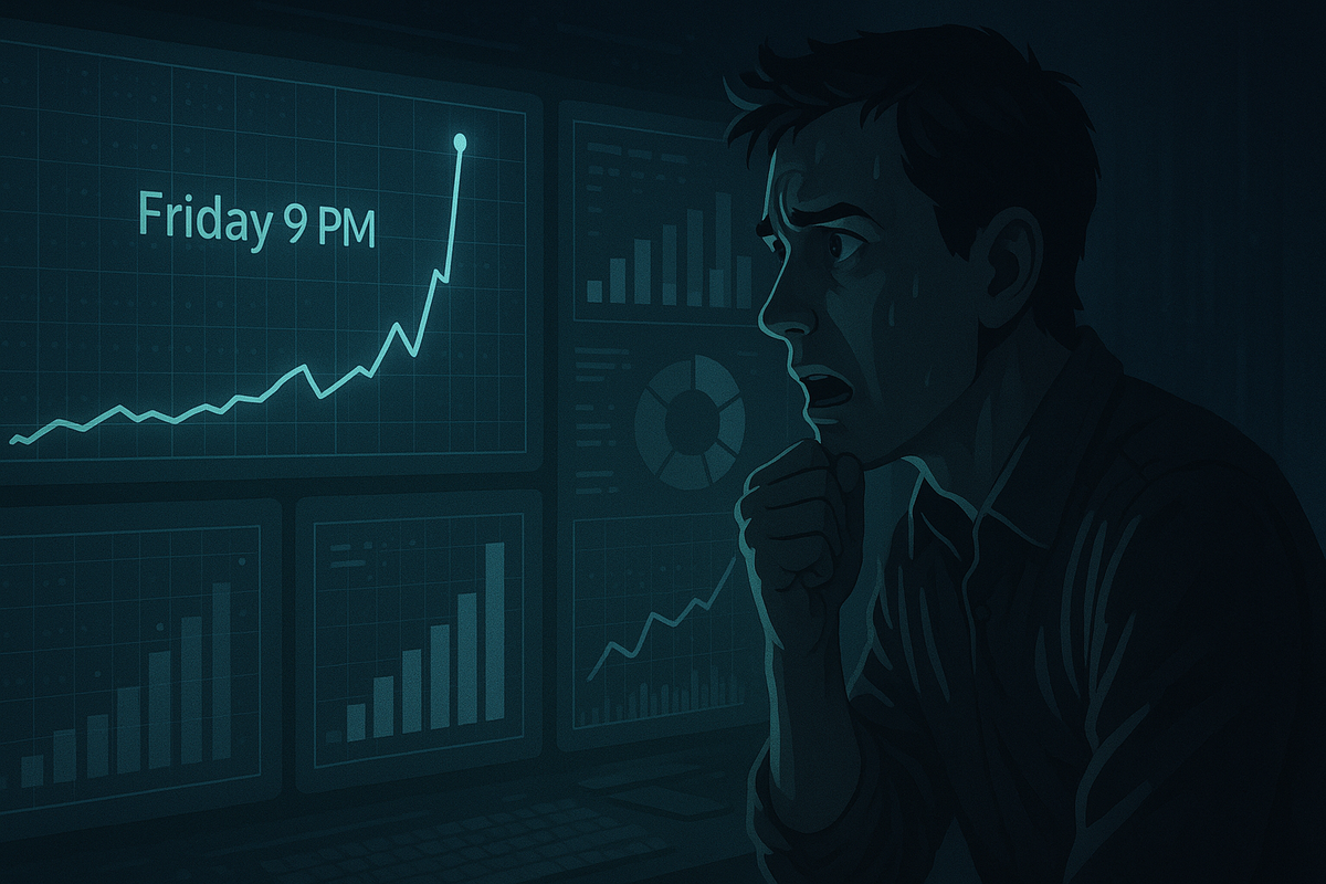 Anxious man under cold blue screens, Friday 9 PM spike chart soaring—suspenseful data surge, tense anticipation of hidden Switch2 restock truth