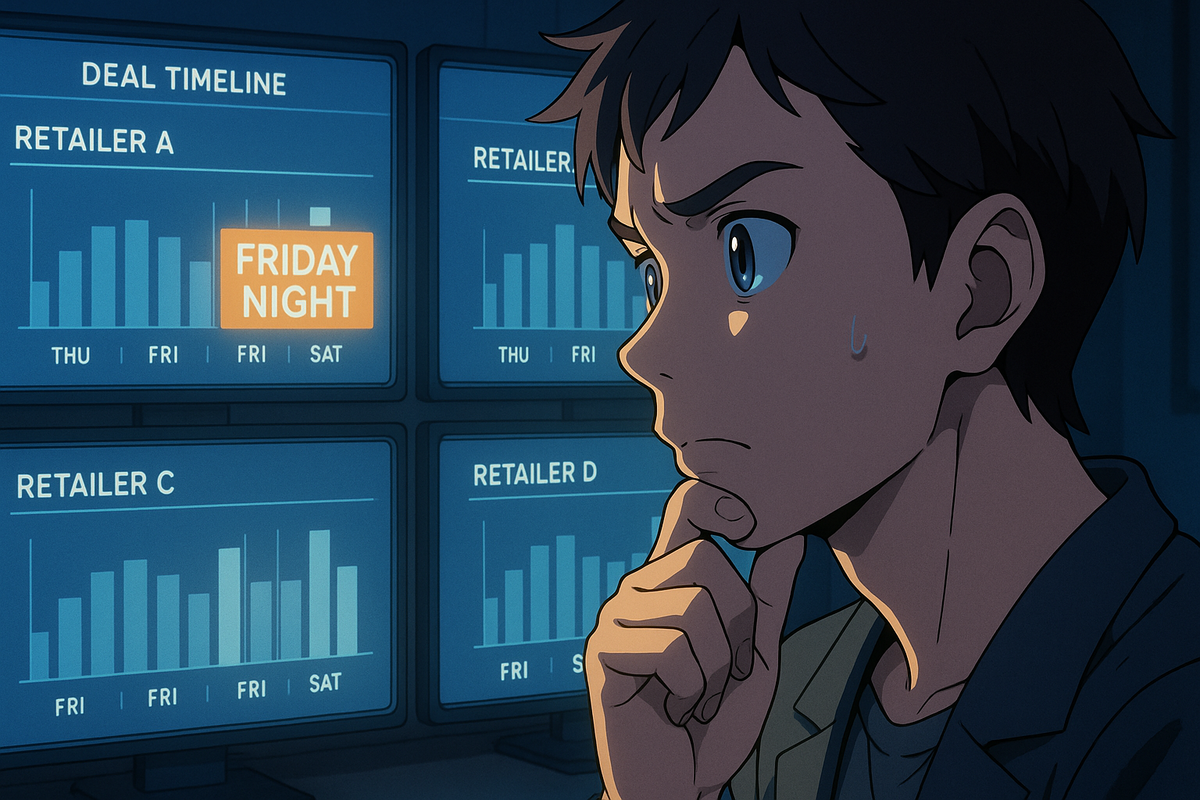 Anime-style boy sweating, deep in thought before glowing retailer charts—Friday night highlighted in orange, dramatic moment of prediction and hope