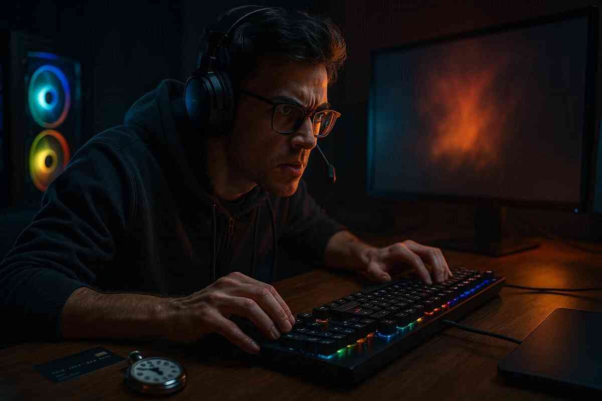 Determined gamer with headset leaning into glowing keyboard—intense focus, adrenaline-fueled midnight battle to secure the last console online