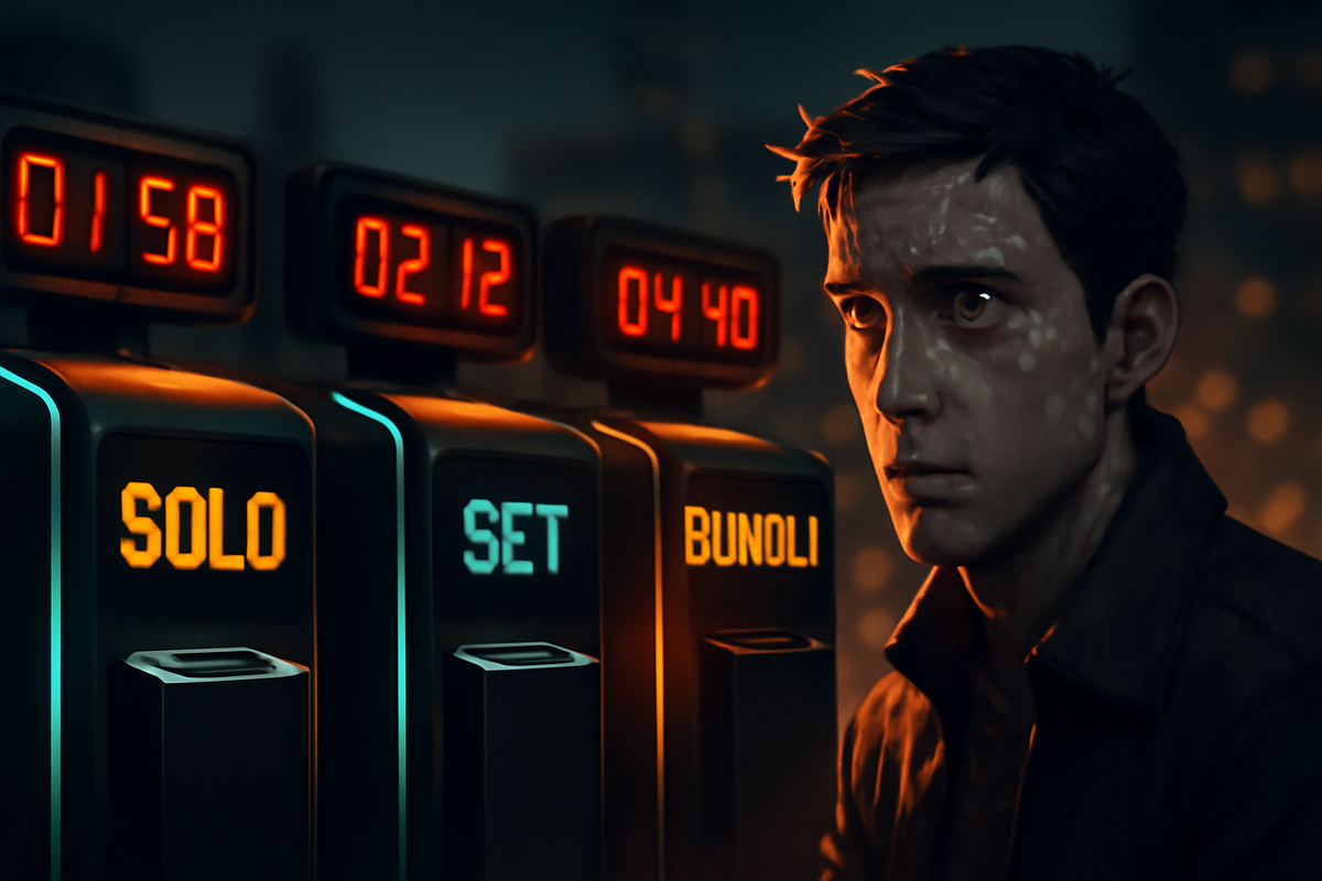 Nervous buyer under glowing digital clocks labeled Solo, Set, Bundle—sweat and tension as seconds tick away, emotional pressure of choosing right