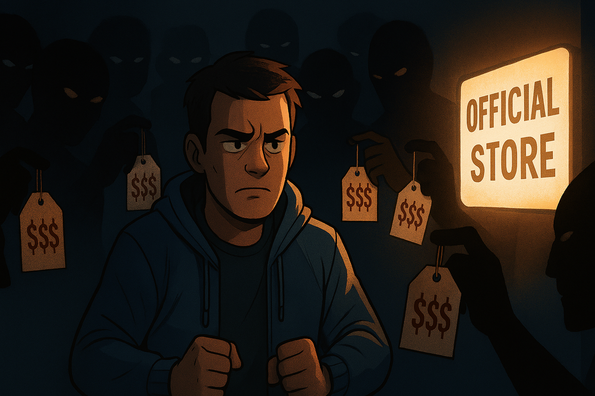 Defiant shopper facing dark figures holding price tags—rage against scalpers, glowing official store sign as beacon of hope, fight for fair purchase