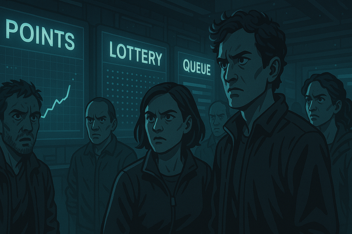 Angry crowd in front of glowing lottery and queue boards—grim determination, restless energy, battling for scarce iPhone17 stock