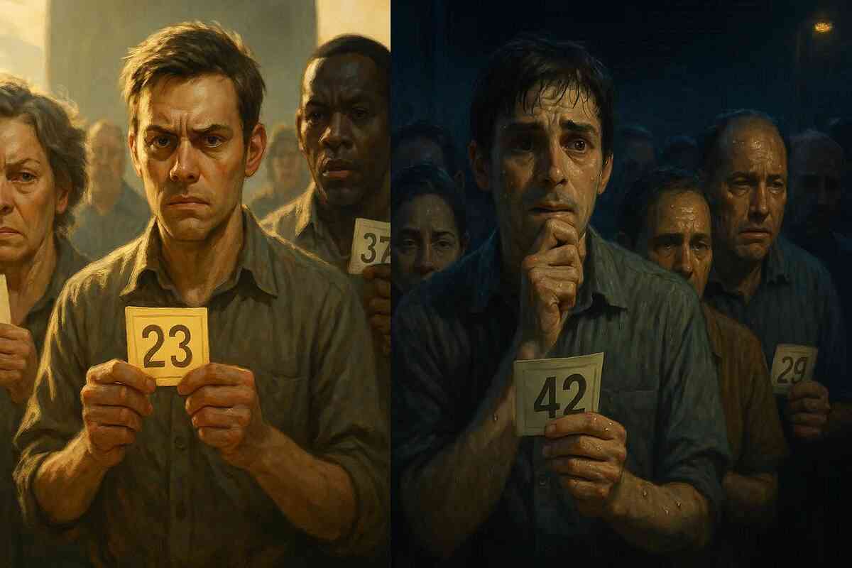 Tense lottery scene with anxious faces clutching numbered tickets—sweat, nervous hope, survival-of-the-fittest atmosphere in iPhone17 hunt