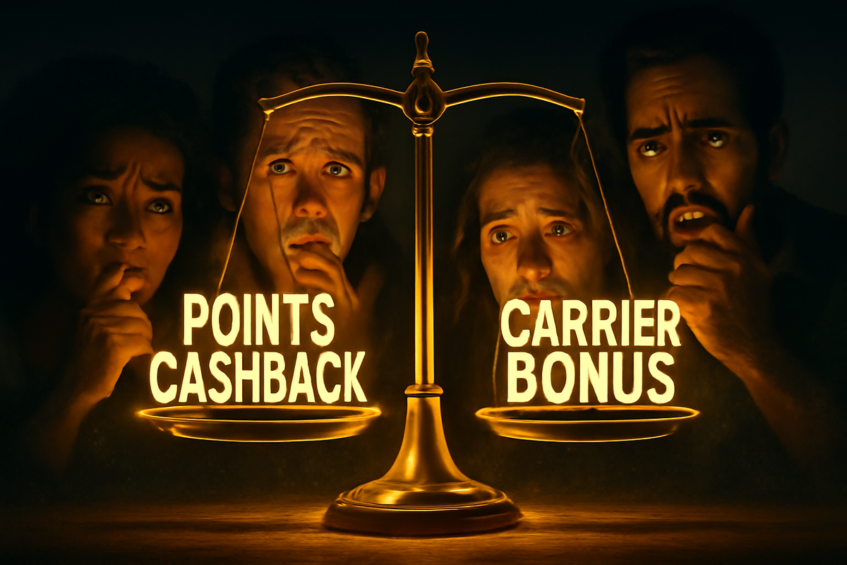 Glowing golden balance scale weighing POINTS vs CARRIER BONUS—shoppers’ anxious eyes, burning dilemma of cashback versus contract perks