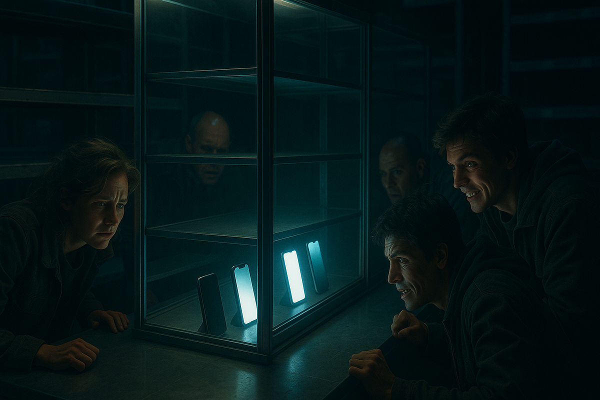 Scarce glowing smartphones locked in a glass case—shoppers’ tense faces pressed close, desperate anticipation, bittersweet glimmer of hope