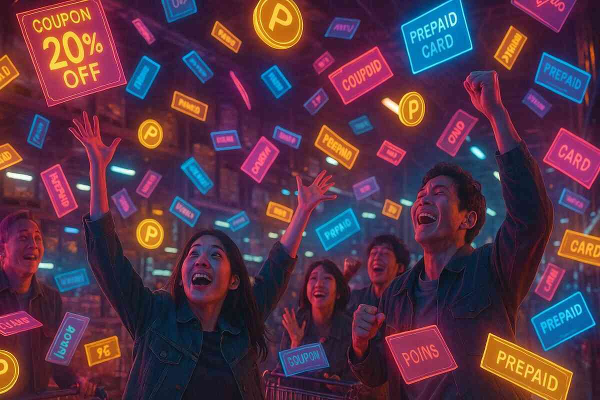 Shoppers erupting with joy as neon coupons, prepaid cards, and points rain down—ecstatic victory energy, glowing festival of savings