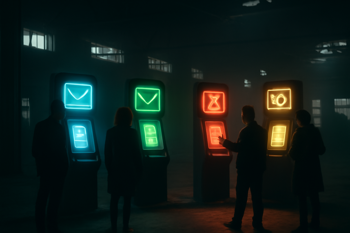 Silhouetted shoppers face glowing digital kiosks with icons—email, time, wallet, storage—mysterious futuristic vibe, cautious choice under neon light