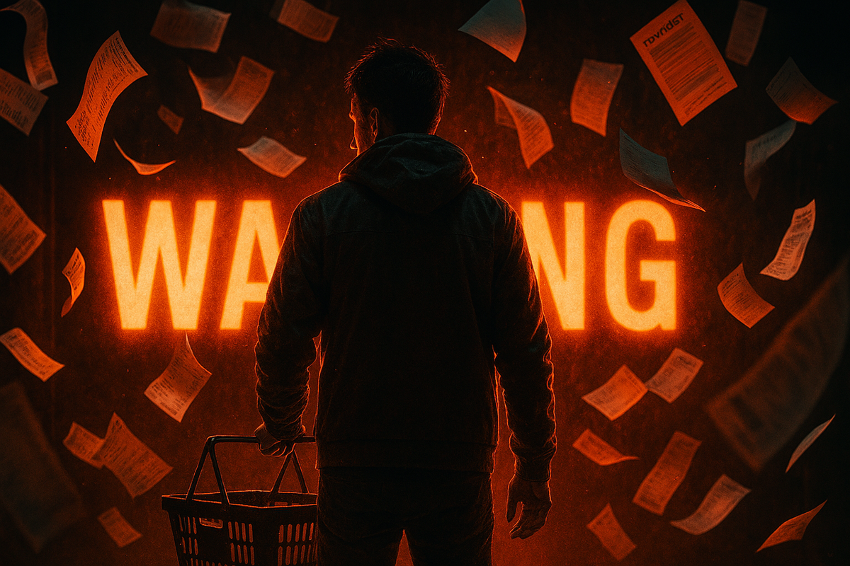 Backlit shopper with basket faces giant glowing WARNING sign—papers flying in fiery orange storm, dramatic caution, urgent financial risk alert