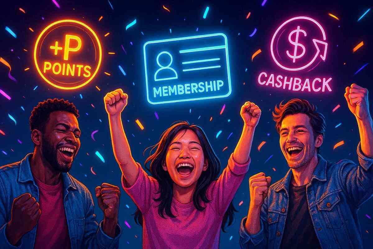Neon cashback celebration with reward points and membership cards—joyful shoppers raising fists, glowing hope of savings and happy energy
