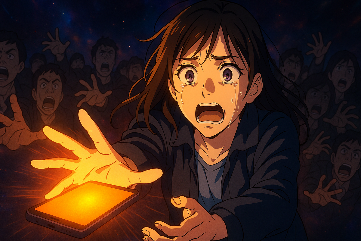 Anime girl crying and reaching desperately for glowing smartphone—intense urgency, emotional rush, heartbreaking scarcity scene