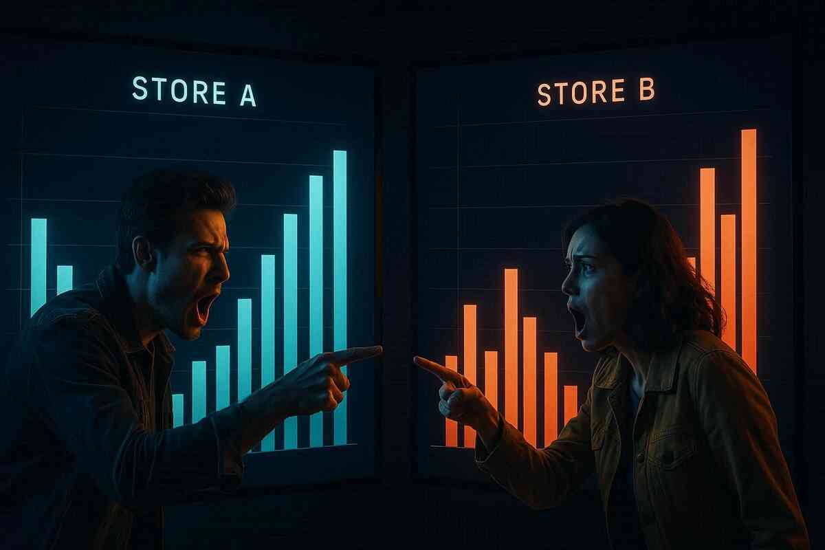 Furious man and woman pointing at store comparison charts—explosive argument over iPhone17 stock levels, heated rivalry, dramatic conflict