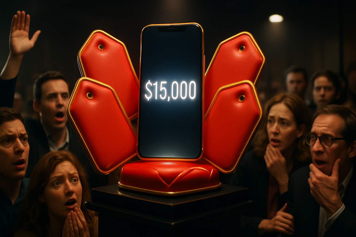 Smartphone on red price tags showing $15,000—crowd in shock and disbelief at resale madness, dramatic overpriced auction tension