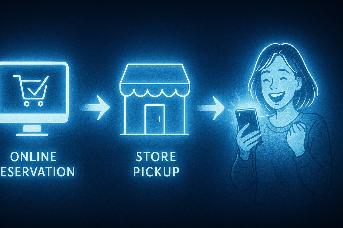 Glowing step-by-step flow: online reservation → store pickup → smiling buyer—clear joyful guide, smooth process, hopeful anticipation