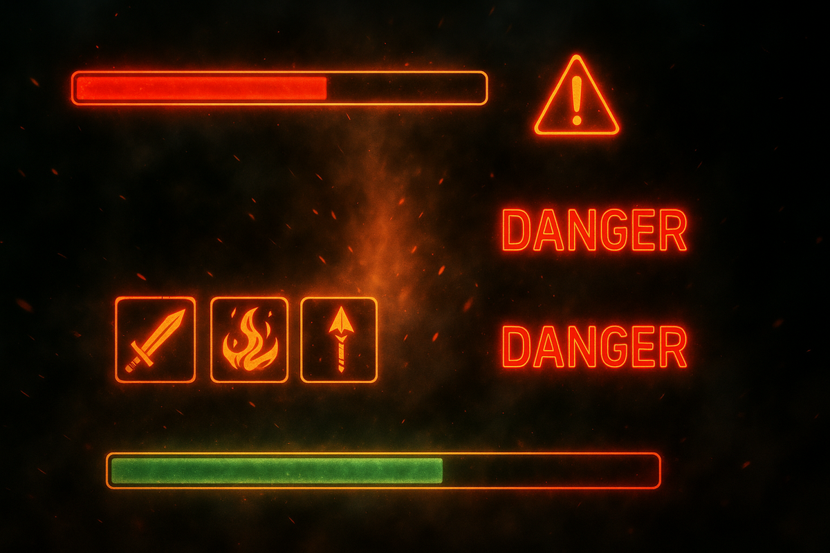 Glowing danger UI with health bar flashing red—intense boss fight tension, survival on the edge, fiery combat urgency
