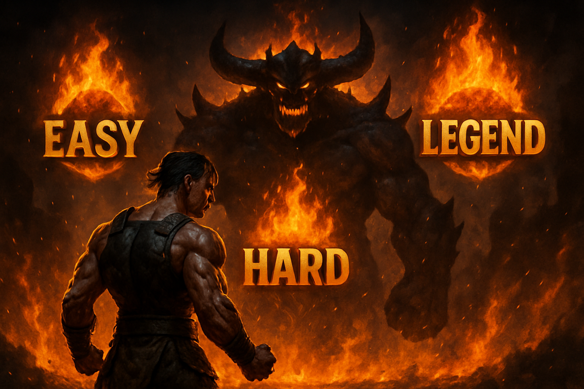 Hero facing demon silhouette with EASY HARD LEGEND fire icons—epic difficulty choice, burning determination, legendary challenge