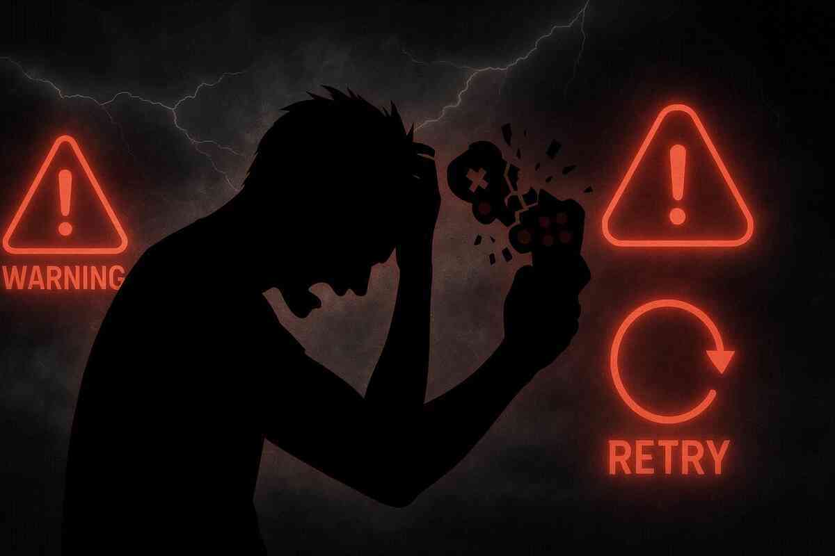 Frustrated gamer smashing controller under retry warning—rage, despair, endless struggle, raw emotional defeat