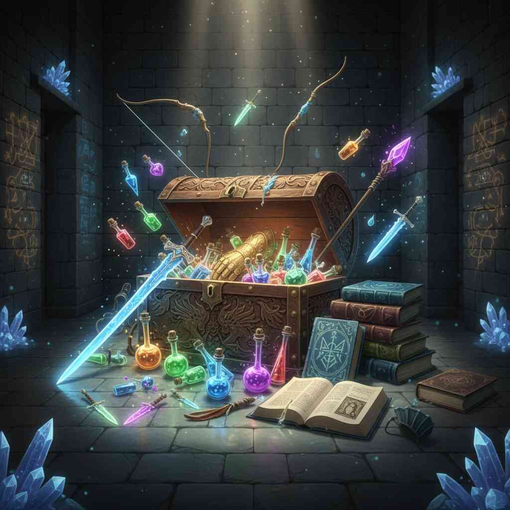 Treasure chest overflowing with glowing weapons, potions, and books—secret stash of power, magical excitement, hidden victory tools