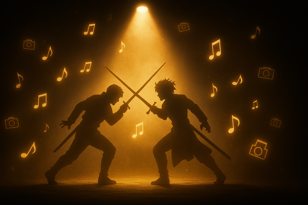 Two warriors clashing swords under spotlight with music notes—dramatic duel infused with rhythm, cinematic battle harmony, breathtaking clash