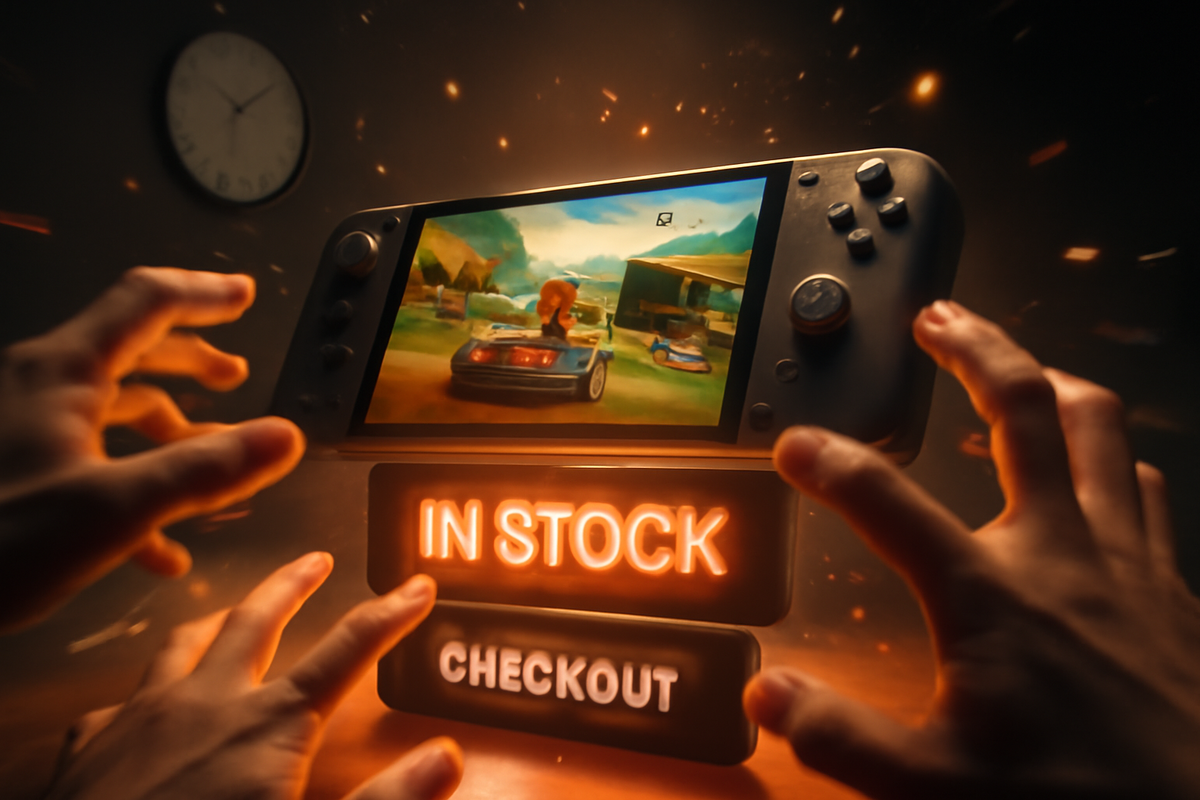 Hands lunging toward a next-gen handheld console as “in stock” and “checkout” glow—hot restock, midnight rush, fierce FOMO, adrenaline-spiked buying energy, cinematic sparks, 16:9 hero
