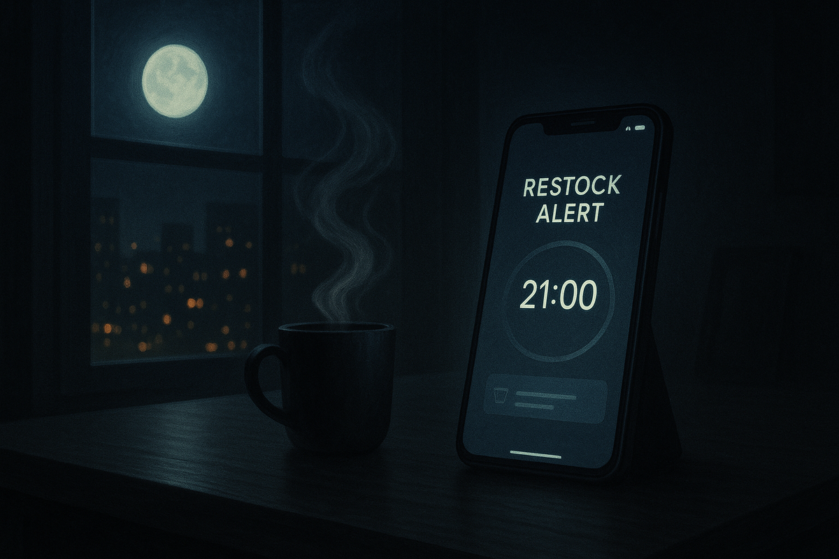 Moonlit desk with a steaming mug and phone flashing “restock alert 21:00”—mysterious Friday-night vibe, quiet tension, hopeful anticipation, serene yet urgent energy for deal hunters