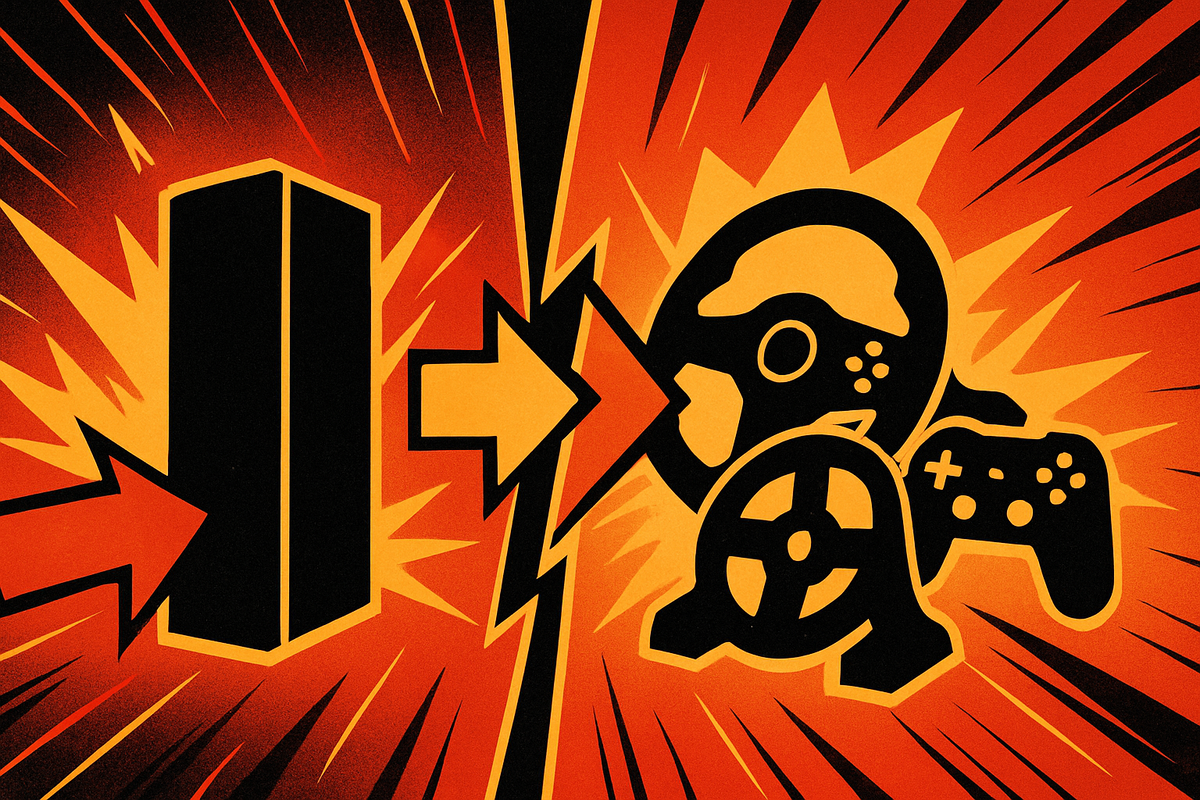 Explosive split-screen: console-only vs kart-racing bundle icons with bold arrows—head-to-head choice, decisive momentum, fiery excitement, power-buy comparison that screams urgency