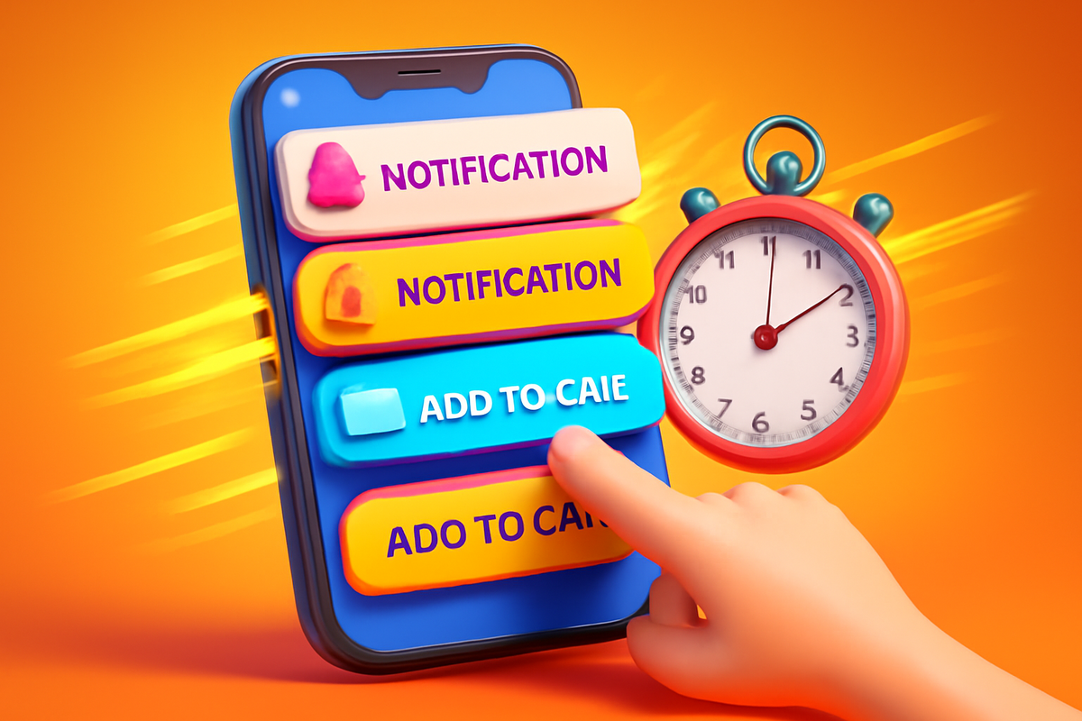 Speedy smartphone notifications stacked with a ticking stopwatch and a finger tapping add-to-cart—lightning reaction, alert mastery, joyful haste, playful yet high-stakes urgency