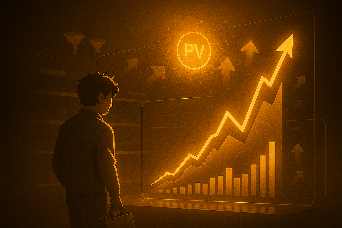 Golden analytics dashboard soaring with PV and conversion bars as a shopper watches—surge moment, triumphant growth, warm optimism, data-driven thrill of viral traffic