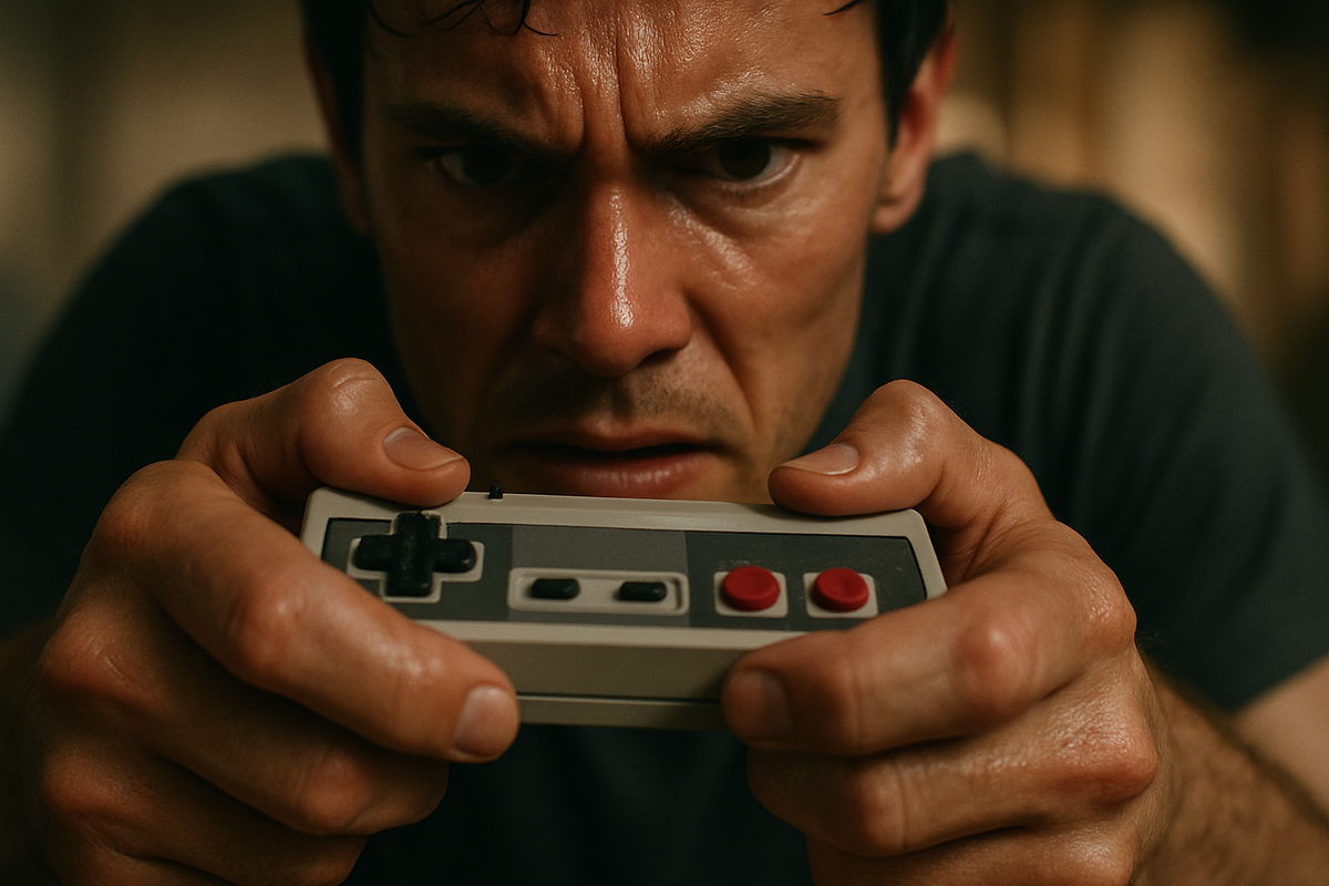 Close-up of determined hands gripping retro game controller—fiery focus, raw emotion, dramatic urgency of a last-chance play