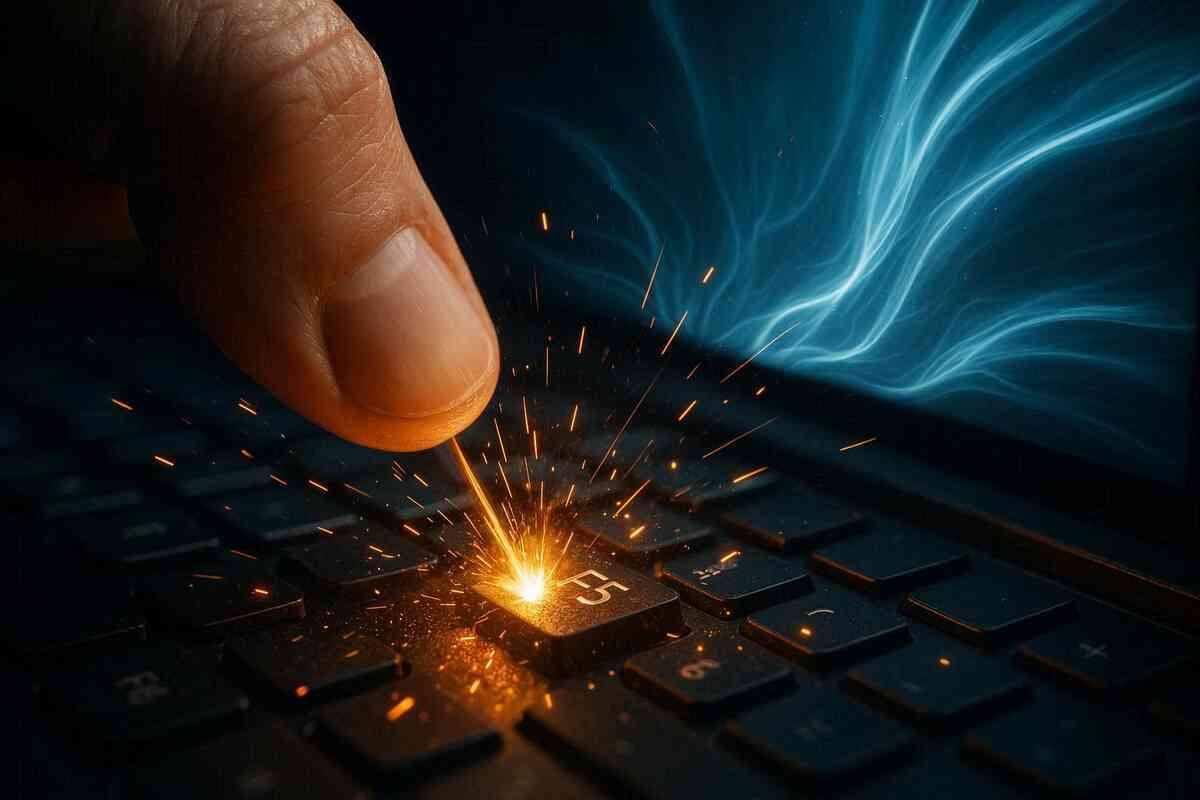 Finger slamming F5 key with sparks flying—explosive energy, burning determination, dramatic reload frenzy under glowing blue light