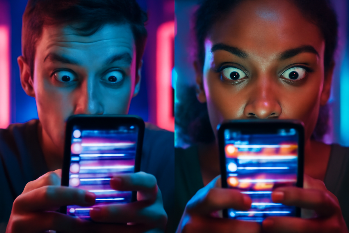 Two shocked faces lit by neon smartphones—scrolling feeds, wide eyes of urgency, real-time rush, glowing emotional intensity
