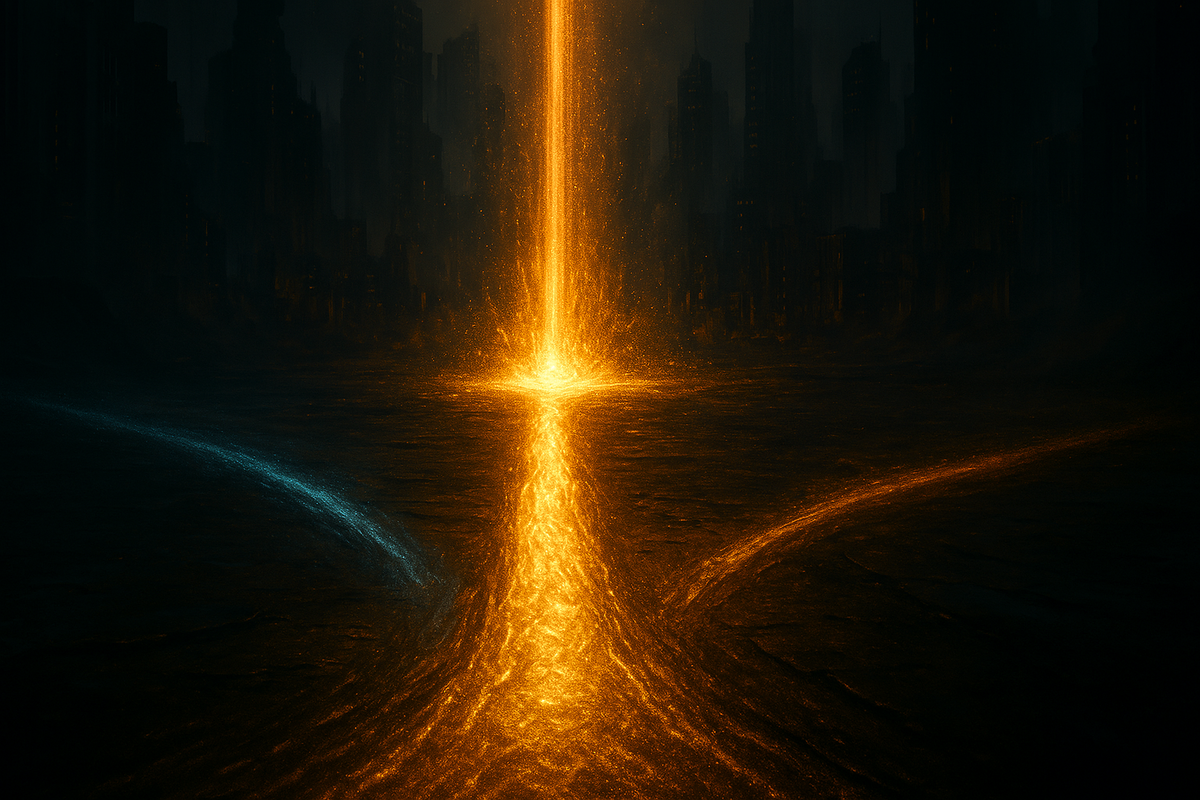 Three glowing paths in dark futuristic city, golden light bursting upward—epic decision point, emotional crossroads, cinematic destiny moment