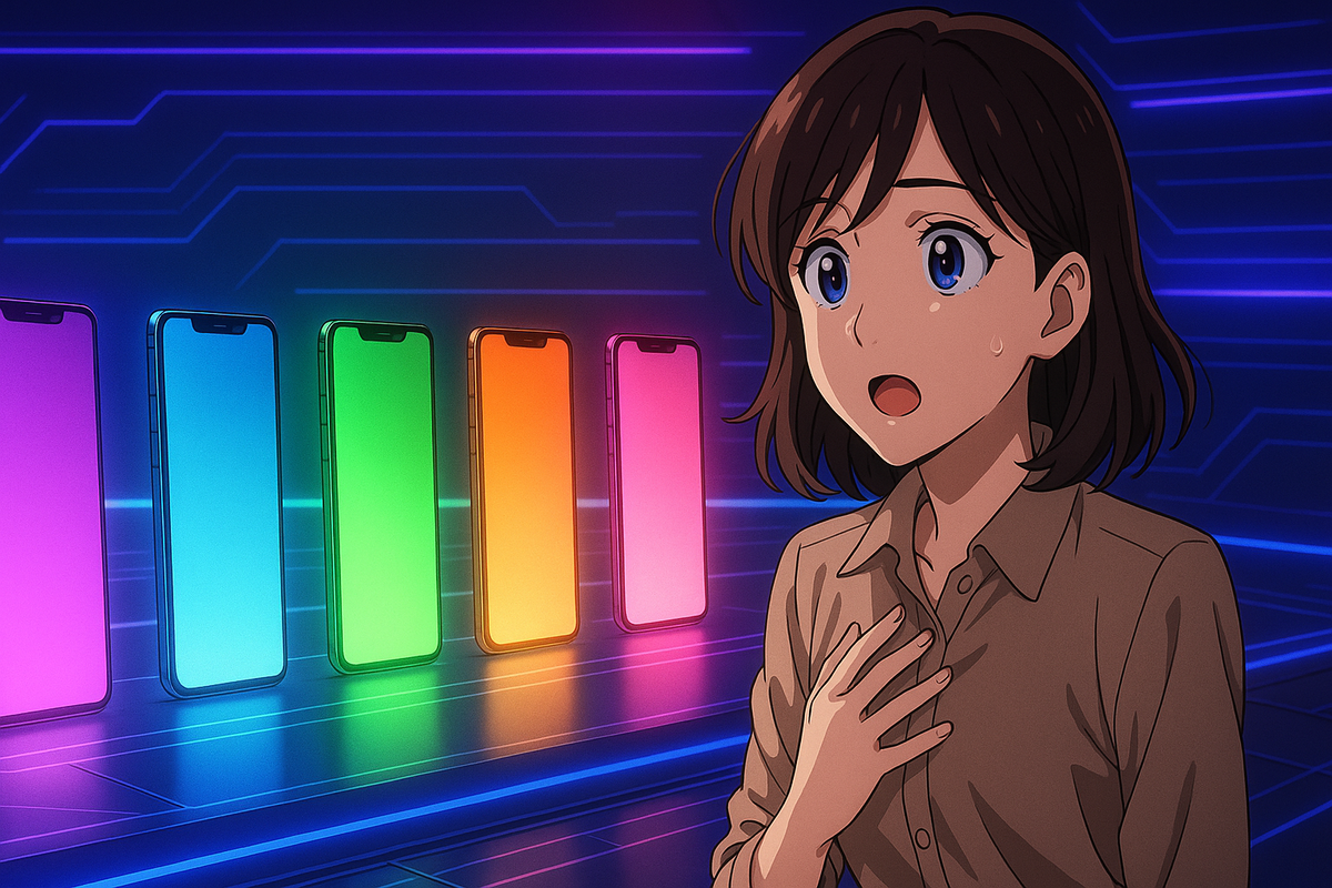 Anime-style shocked girl facing glowing rainbow smartphones—emotional anticipation, futuristic lineup reveal, cinematic tech wonder