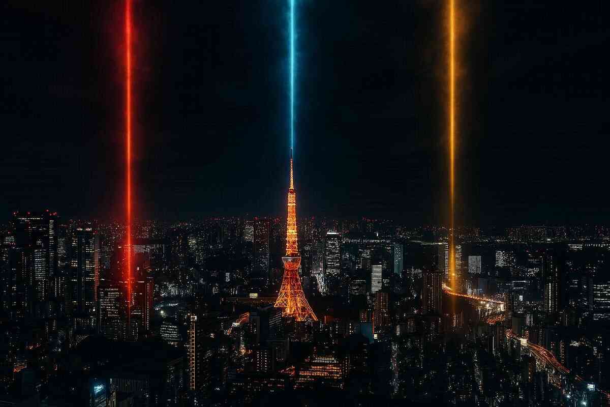 Tokyo skyline at night with red, blue, and yellow beams shooting skyward—dramatic carrier rivalry, nationwide impact, emotional launch energy