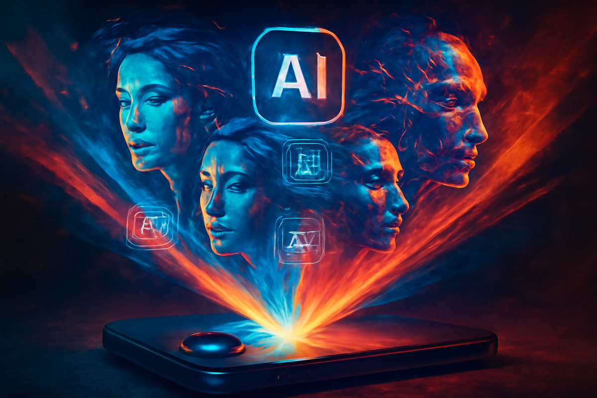 Futuristic smartphone projecting glowing AI faces in fiery neon—emotional intelligence, thrilling innovation, raw generative power