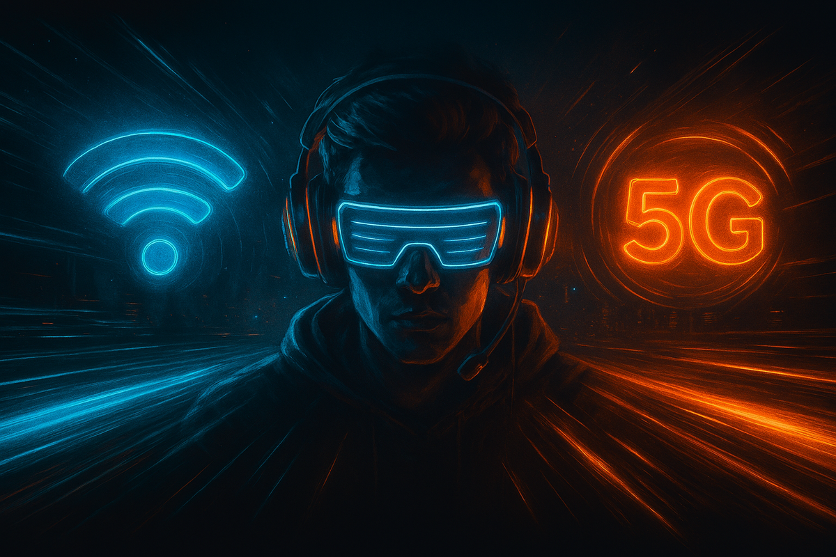 Neon gamer in headset between glowing Wi-Fi and 5G icons—emotional speed, immersive connectivity, cinematic gaming rush