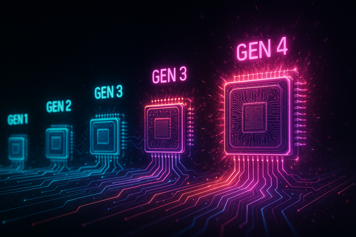 Generational chip lineup glowing from Gen1 to Gen4—epic evolution, dramatic leap in power, futuristic circuit bursting with innovation