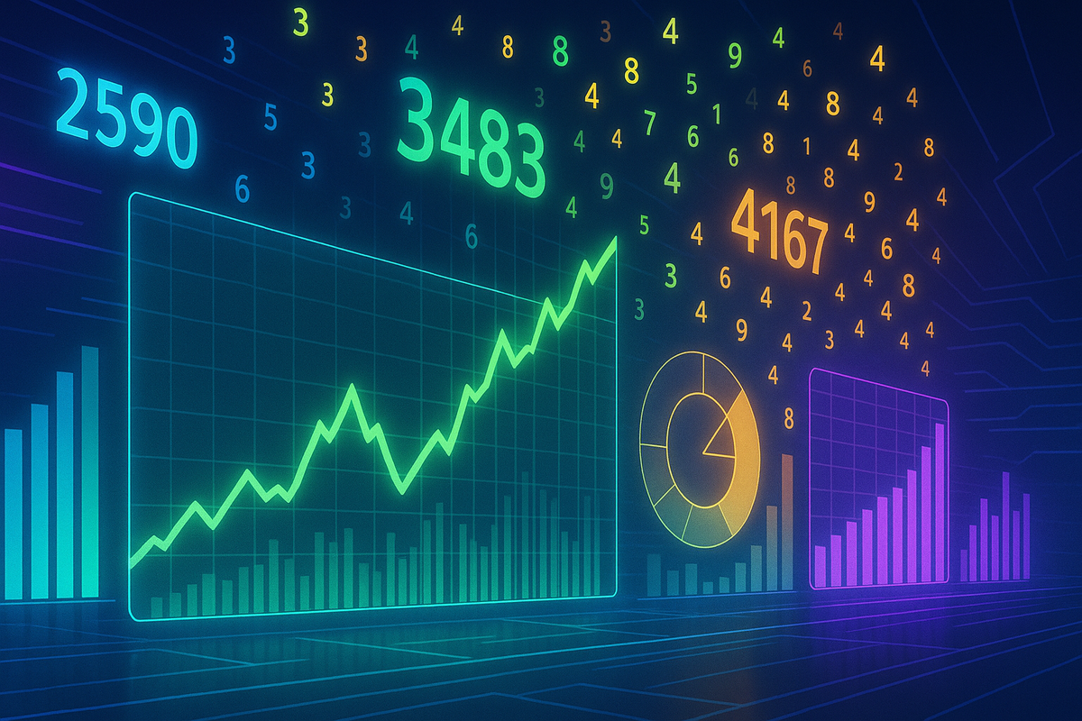 Exploding benchmark charts with neon numbers 2590, 3483, 4167—emotional performance surge, cinematic data rush, electrifying speed